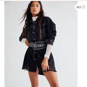 FREE PEOPLE Jig is Up Shirt Dress Black Denim Cotton S Button Down Distressed